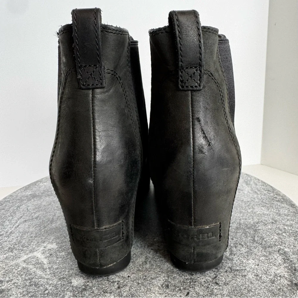 Sorel Black Leather Lea Wedge Booties Ankle Boots 8.5